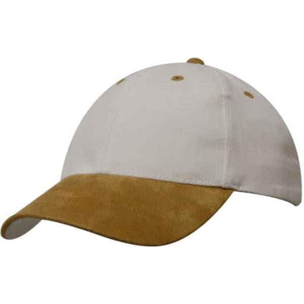 A white cap with a suede peak in a tan colour, featuring a logo on the front.