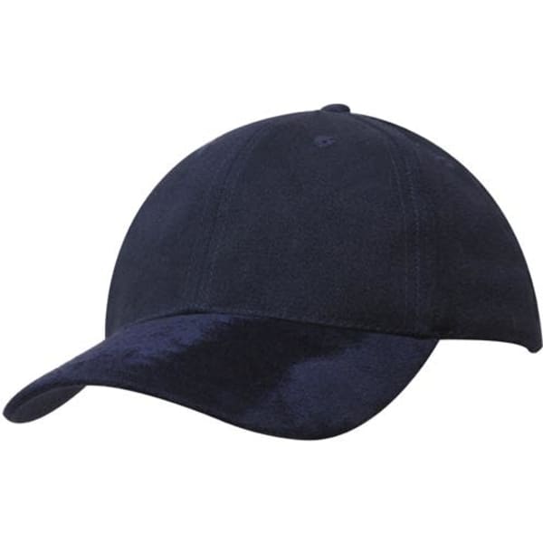 A navy blue cap with a brushed heavy cotton body and a suede peak, featuring a logo on the front.