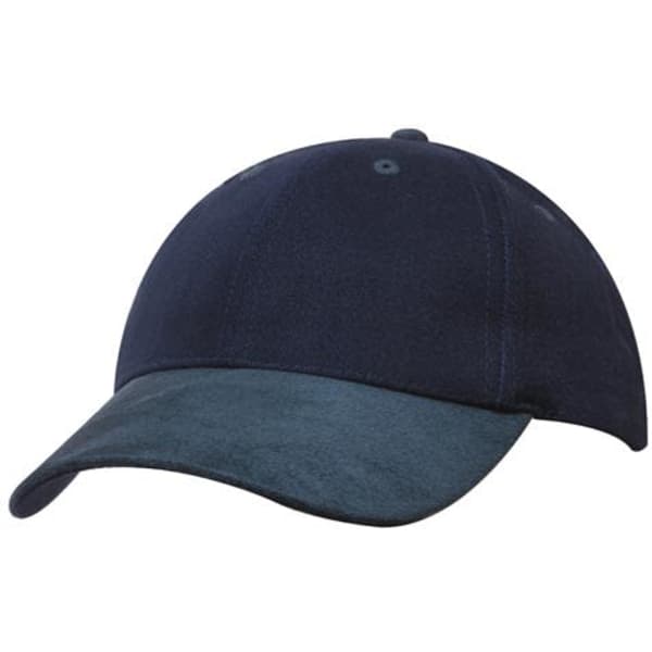 A navy blue cap with a suede peak, featuring a logo on the front.