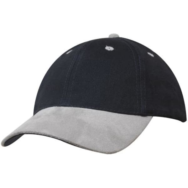 A navy cap with a suede peak, featuring stitching details and a logo.