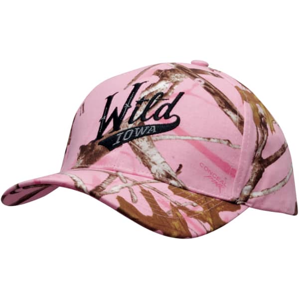 A pink camouflage cap featuring a logo on the front and a design of branches and twigs.