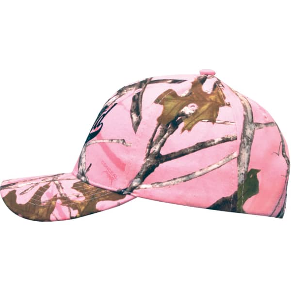 A pink cap featuring True Timber camouflage pattern, with a curved brim and a logo on the side.