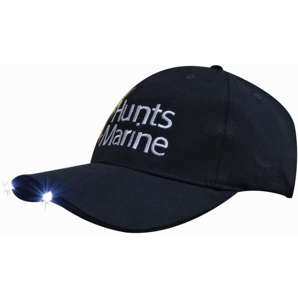A black cap with an LED light on the peak, featuring embroidered branding on the front.
