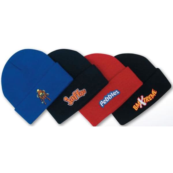 A collection of four kids' acrylic beanies in blue, red, and black, featuring various designs and logos.