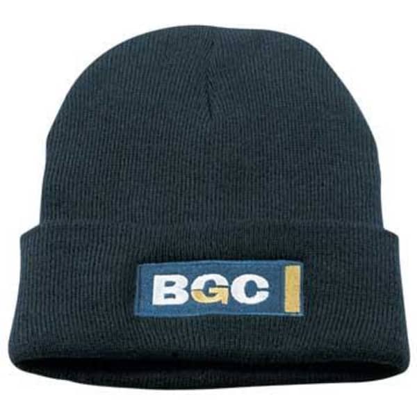 A navy wool blend beanie with a logo patch on the front.