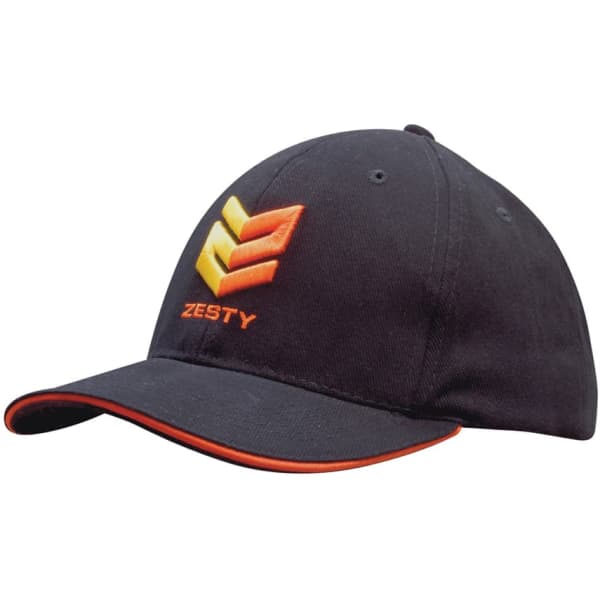 A navy cap with orange sandwich trim and a logo on the front, featuring a structured design.