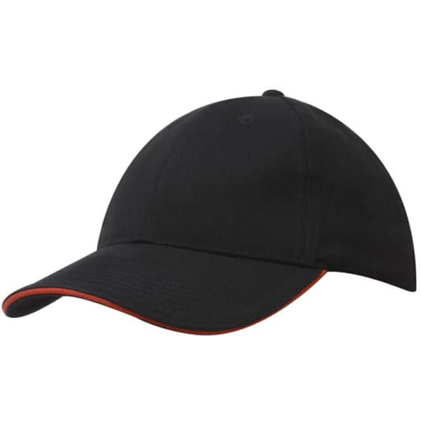 A black cap with a sandwich trim in orange, featuring a logo on the front. Suitable for casual wear.