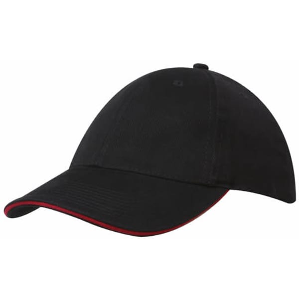 A black cap with sandwich trim, featuring a curved brim and a logo on the front.
