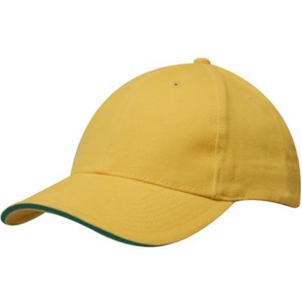 A yellow brushed heavy cotton cap with a green sandwich trim and a logo.