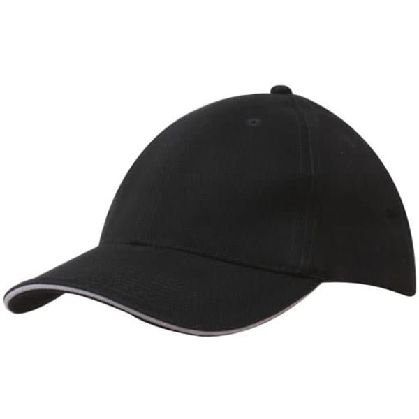 A black brushed heavy cotton cap featuring sandwich trim and a logo. Suitable for casual wear or events.