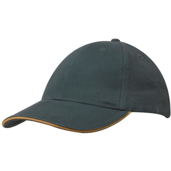 A dark green cap featuring a sandwich trim in a contrasting colour and has a logo on the front.