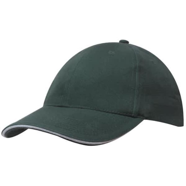 A dark green brushed heavy cotton cap with sandwich trim and a logo on the front.