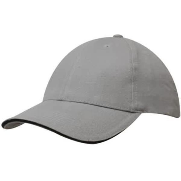 A grey brushed heavy cotton cap featuring a sandwich trim and a logo on the front.