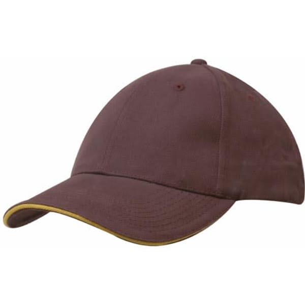 A brown cap featuring a sandwich trim in yellow and a logo on the front.