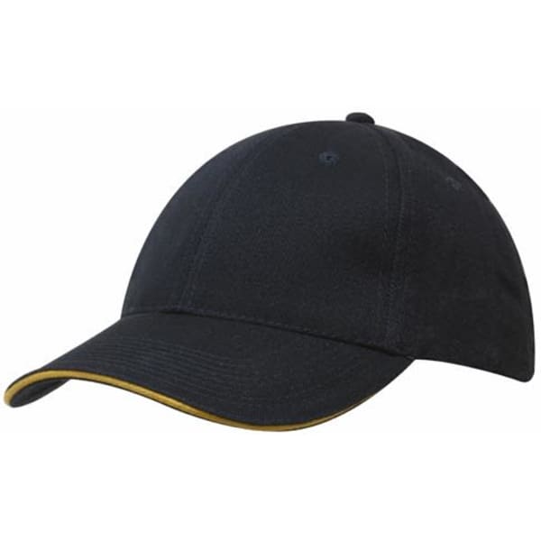 A black brushed heavy cotton cap with sandwich trim in gold, featuring a logo on the front.