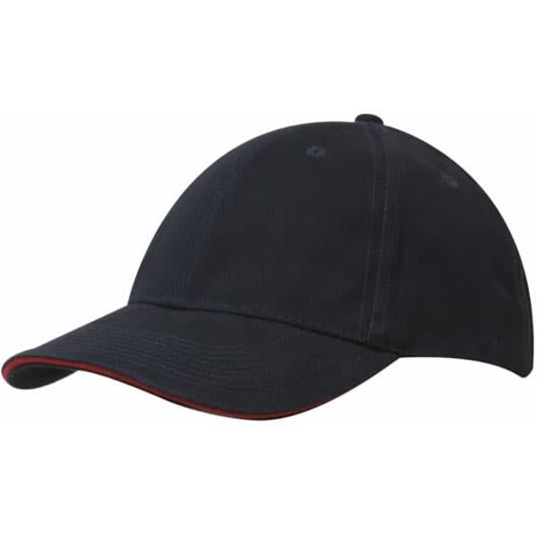 A navy brushed heavy cotton cap featuring a sandwich trim and a logo on the front.