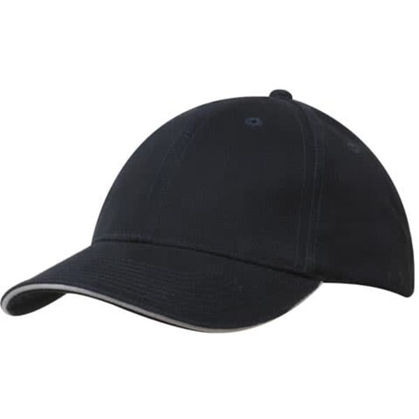 A black brushed heavy cotton cap with sandwich trim and a logo on the front.