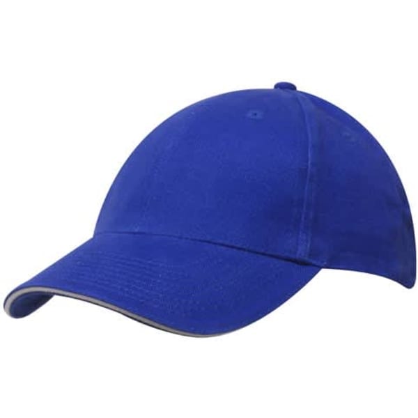 A blue brushed heavy cotton cap with a sandwich trim and an adjustable back strap. Features a logo on the front.