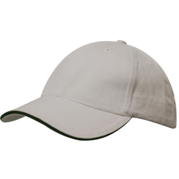 A white brushed heavy cotton cap featuring a green sandwich trim and a logo on the front.