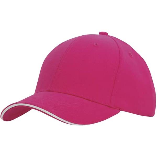 A bright pink cap with a sandwich trim, featuring a curved peak and an embroidered logo.