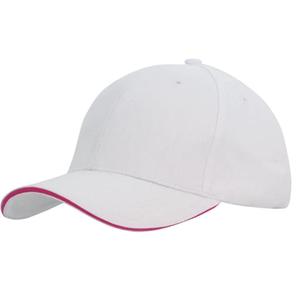 A white cap with a pink sandwich trim and a branded logo on the front. It's made of brushed heavy cotton.