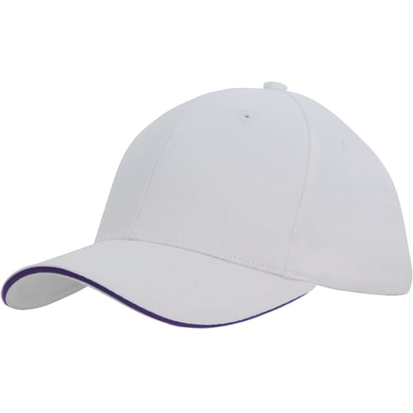 A white cap with a purple sandwich trim and a logo. Featuring a classic design, it's made of heavy cotton.