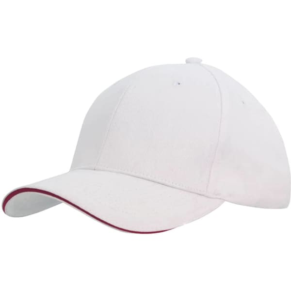 A white cap with a red sandwich trim and a logo on the front, featuring a curved brim.