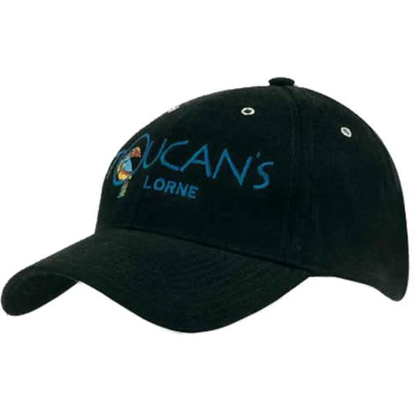 A black cap with a curved brim and metal eyelets, featuring an embroidered logo.