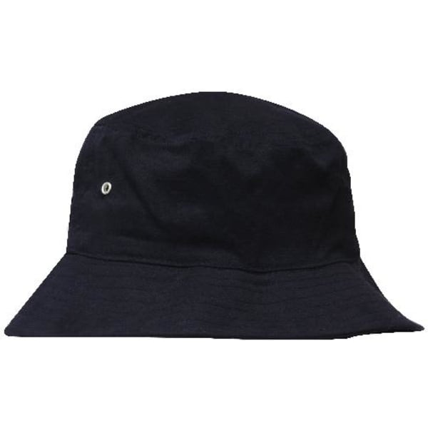 A black Brushed Sports Twill Bucket Hat with a reflective eyelet, featuring a wide brim for sun protection.
