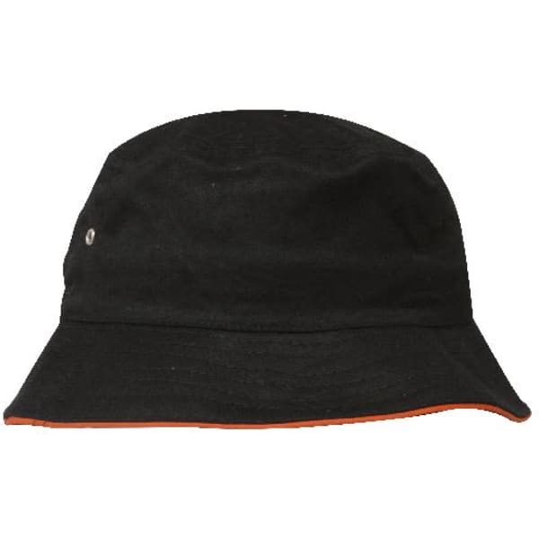 A black bucket hat with an orange trim and a small logo on the side.