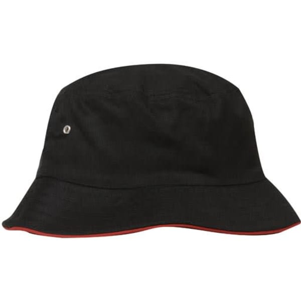 A black bucket hat featuring a contrasting red trim and a logo on the side.