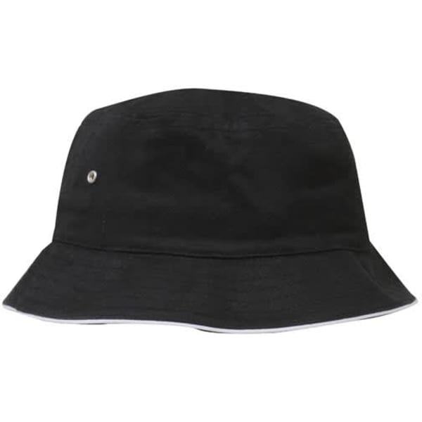 A black brushed sports twill bucket hat with a white trim and a small logo detail.