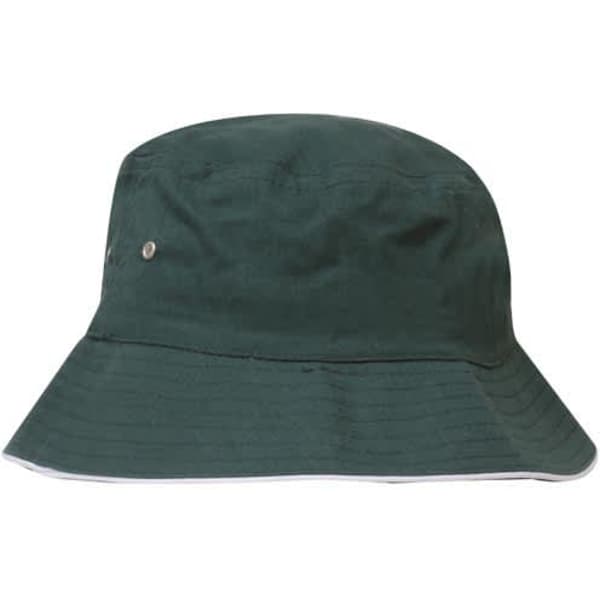 A dark green bucket hat with a wide brim and a logo on the side.