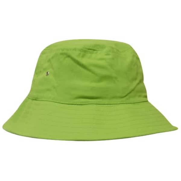 A green brushed sports twill bucket hat with a wide brim and a side vent. Features a logo on the front.