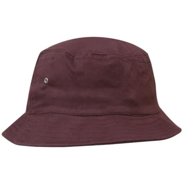 A burgundy bucket hat with a simple design and a small brand logo on the side.