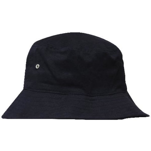 A black brushed sports twill bucket hat with a small logo. Ideal for outdoor activities and casual wear.