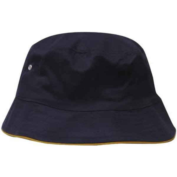 A navy brushed sports twill bucket hat with a contrasting yellow trim and a decorative logo.