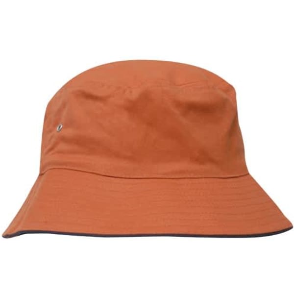 An orange bucket hat with a wide brim and a logo on the side, made from brushed sports twill fabric.