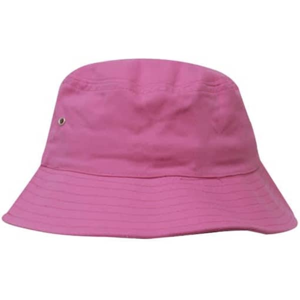 A pink brushed sports twill bucket hat with a wide brim and a small logo on the side.
