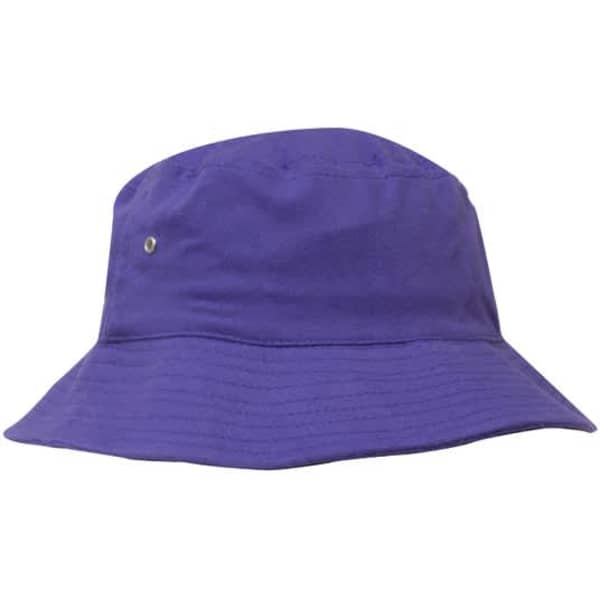 A purple brushed sports twill bucket hat featuring a small logo.