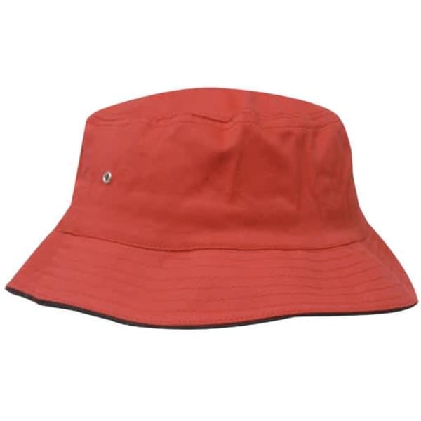 A red brushed sports twill bucket hat with a round eyelet and a wide brim.
