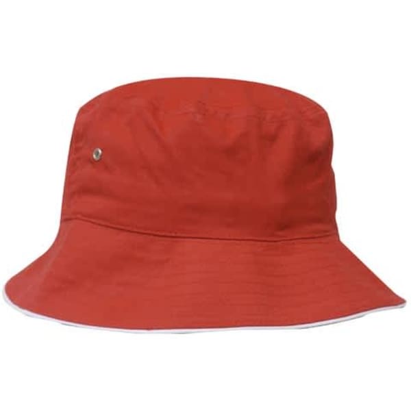 A red brushed sports twill bucket hat featuring a logo and a wide brim.