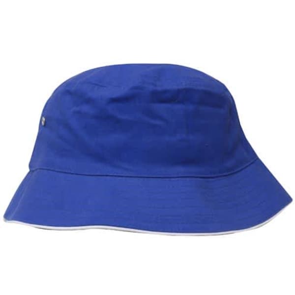 A blue brushed sports twill bucket hat featuring a logo, ideal for sun protection and casual wear.