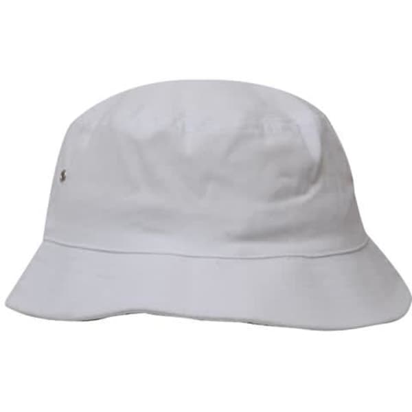 A white brushed sports twill bucket hat with a small logo. Features a wide, flexible brim.