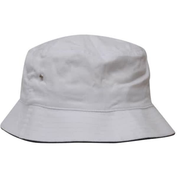 A white brushed sports twill bucket hat with a logo on the side. Suitable for headwear collection.
