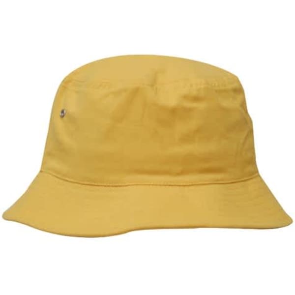 A yellow brushed sports twill bucket hat with a branding logo on the side.