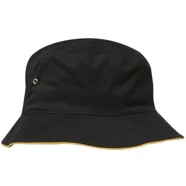 A black bucket hat with a yellow trim and a side eyelet, featuring a logo on the front.