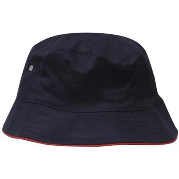 A navy bucket hat featuring a wide brim and a contrasting red trim, with a small logo on the side.