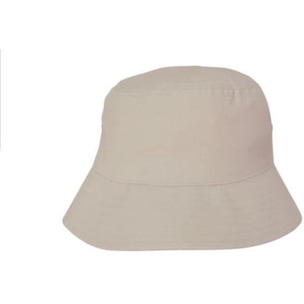 A beige bucket hat with a wide brim, featuring a simple design and a logo on the front.