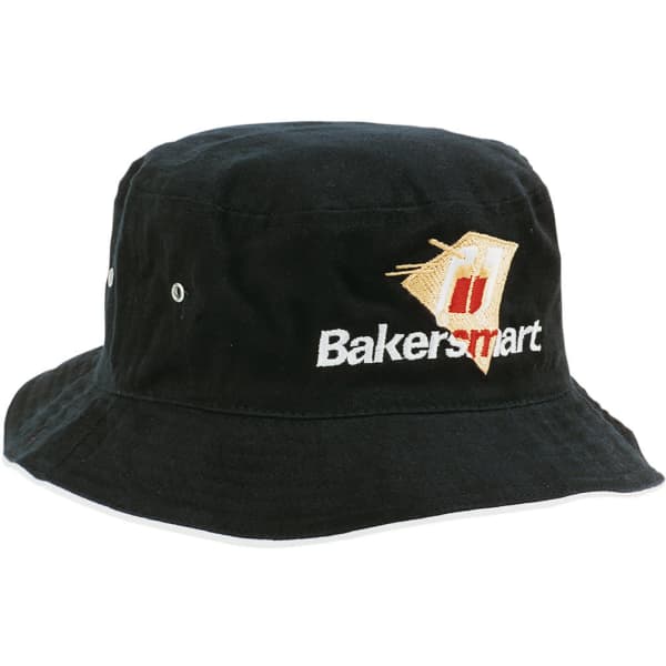 A black bucket hat featuring a logo on the front, made from brushed sports twill fabric.